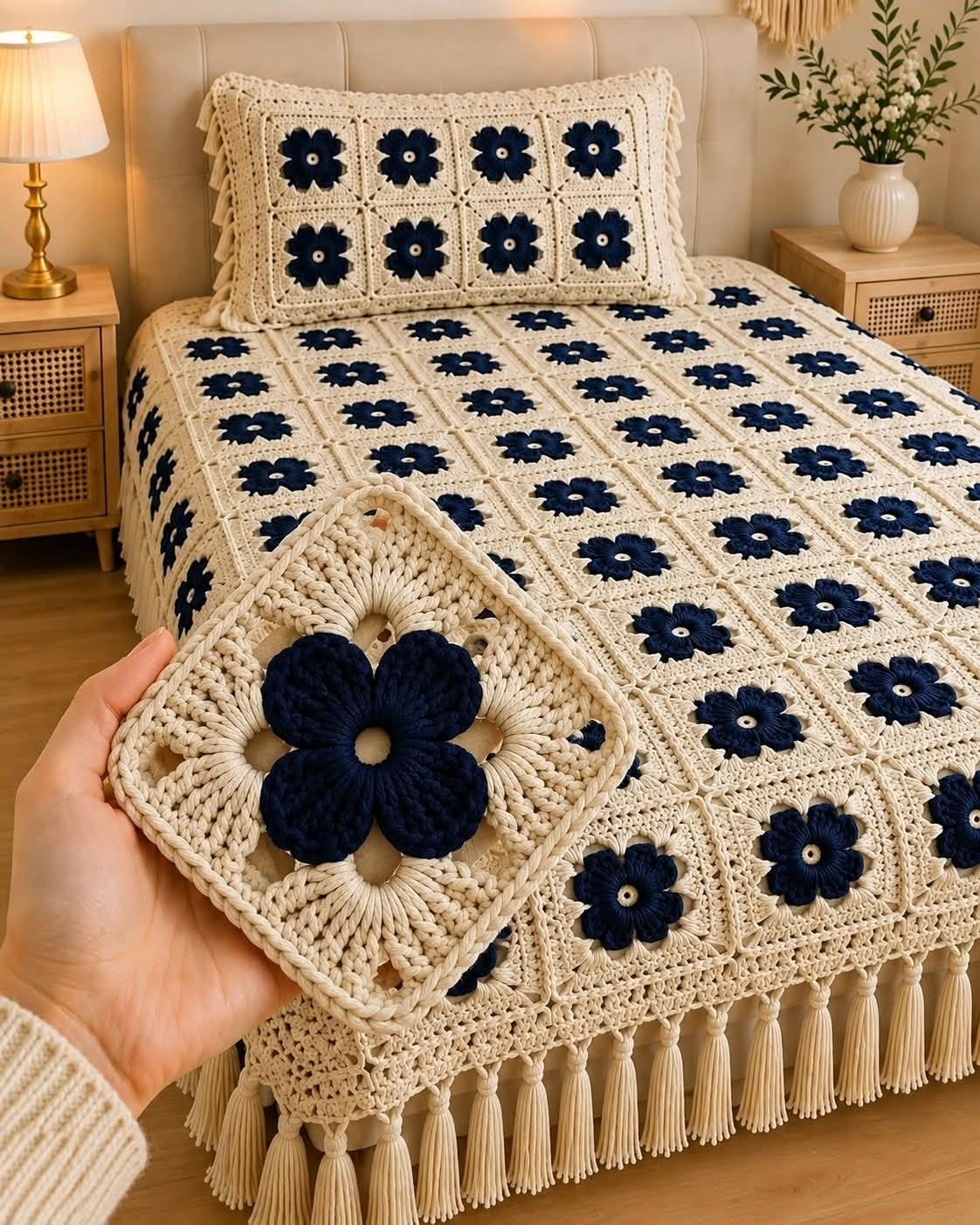 Elegant Navy Blue Floral Granny Square Crochet Blanket Pattern