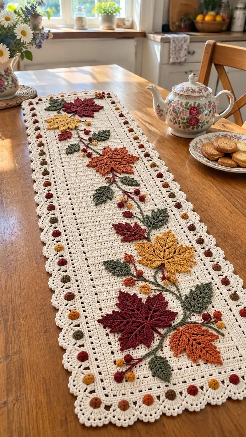 Autumn Maple Leaves Crochet Table Runner